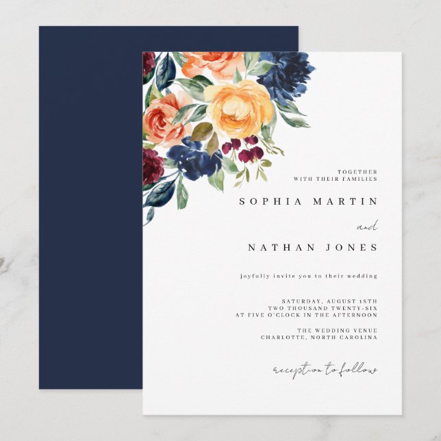 Invitation Mariage Élégant Automne Marine Fleurs Aquarelle  (Devant / Derrière)