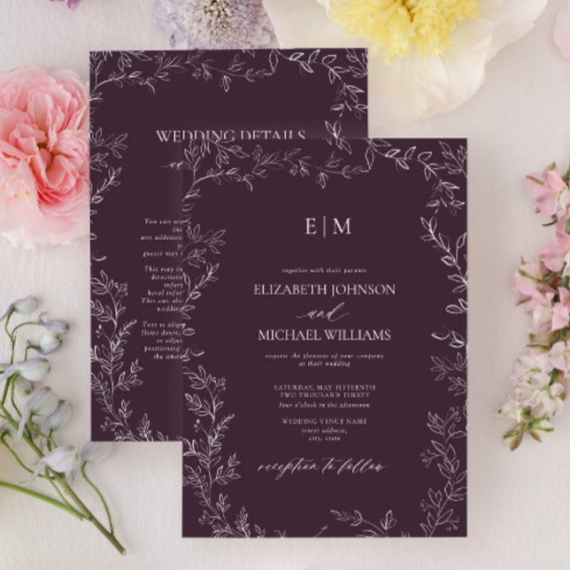 Invitation Mariage Élégant aux Détails de Monogramme Feuille  (Créateur téléchargé)