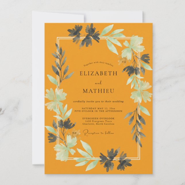 Invitation Mariage Élégant aux Feuilles de Moutarde (Devant)