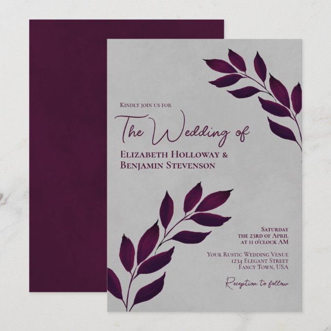 Invitation Mariage Élégant aux Feuilles Violettes de Cassis N (Devant / Derrière)