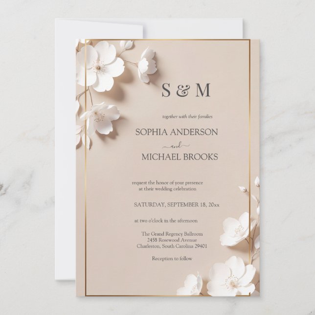 Invitation Mariage Élégant aux Fleurs Blanches de Magnolia Ne (Devant)