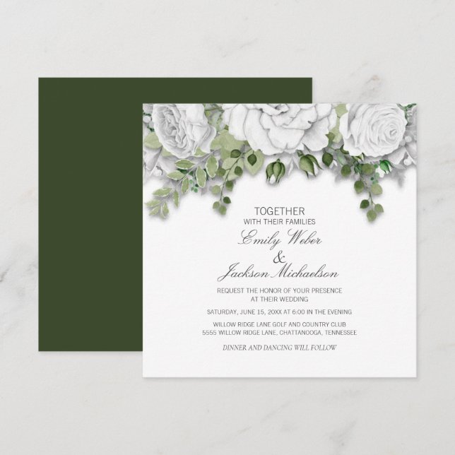 Invitation Mariage élégant aux fleurs blanches et au vert (Devant / Derrière)
