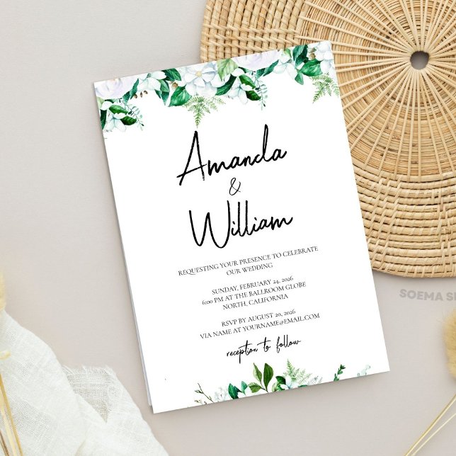 Invitation Mariage Élégant aux Fleurs Blanches Luxuriantes et (Elegant Lush White Floral and Greenery Wedding Invitation)