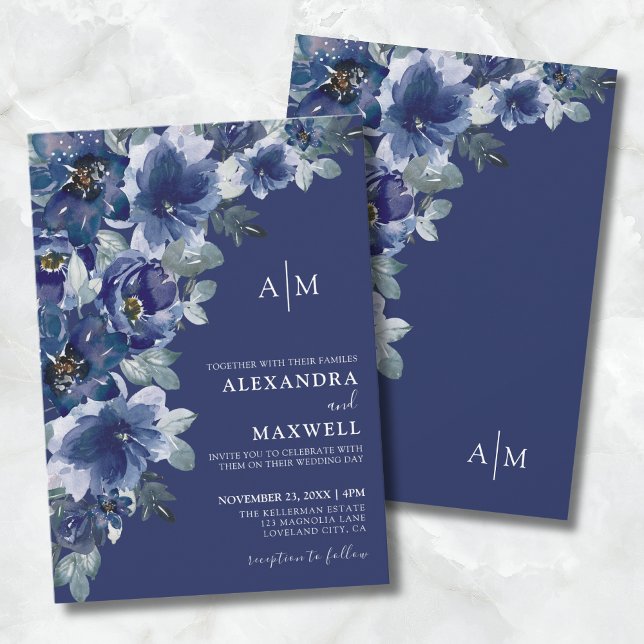 Invitation Mariage Élégant aux Fleurs Bleu Marine (Navy Blue Dark Elegant Modern Floral Wedding Invitation)