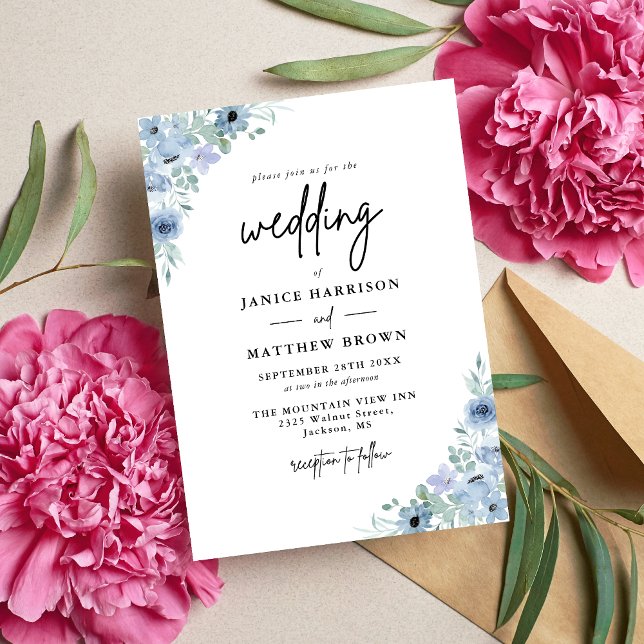 Invitation Mariage Élégant aux Fleurs Bleu Poussiéreux (Elegant dusty blue floral wedding invitation sets a romantic tone with refined timeless charm)