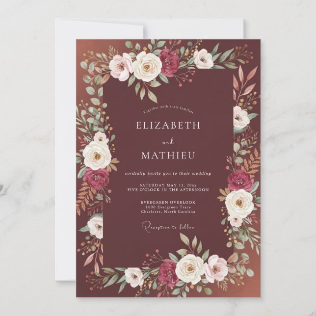 Invitation Mariage Élégant aux Fleurs Bordeaux (Devant)