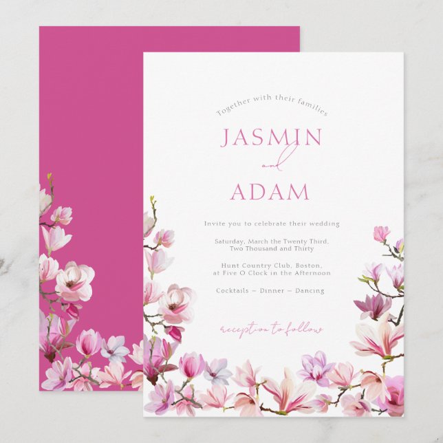 Invitation Mariage Élégant aux Fleurs de Magnolia Rose (Devant / Derrière)