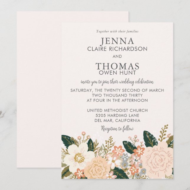 Invitation Mariage Élégant aux Fleurs Douces et Pastels (Devant / Derrière)