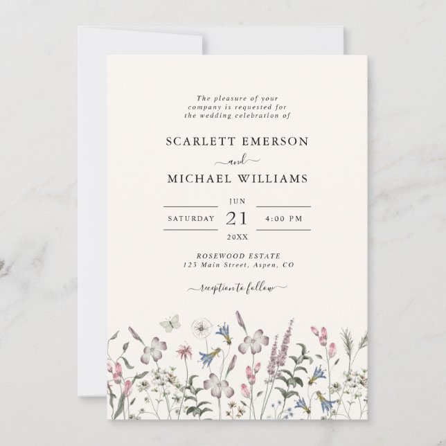 Invitation Mariage Élégant aux Fleurs Sauvages (Devant)