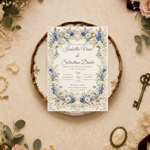 Invitation Mariage Élégant aux Fleurs Sauvages Baroques Bleue