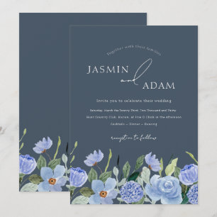 Invitation Mariage Élégant aux Fleurs Sauvages Bleu Ardoise