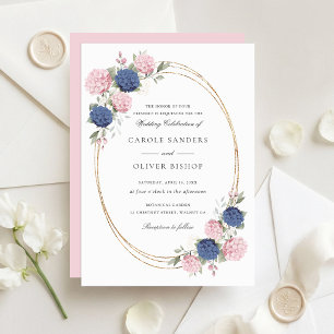 Invitation Mariage Élégant aux Hydrangeas Roses et Bleu Nuit