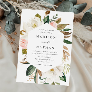 Invitation Mariage Élégant aux Magnolias Blanches et Fleurs R