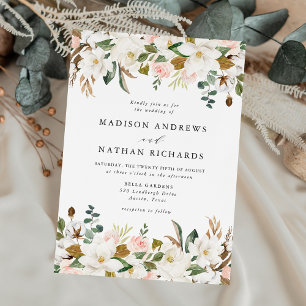 Invitation Mariage Élégant aux Magnolias Blancs et Fleurs Ros