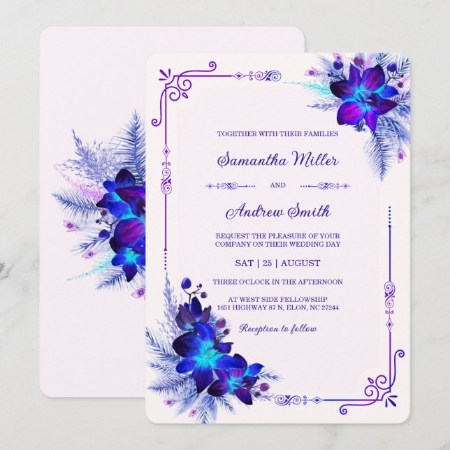 Invitation Mariage Élégant aux Orchidées Bleues et Violettes (Devant / Derrière)