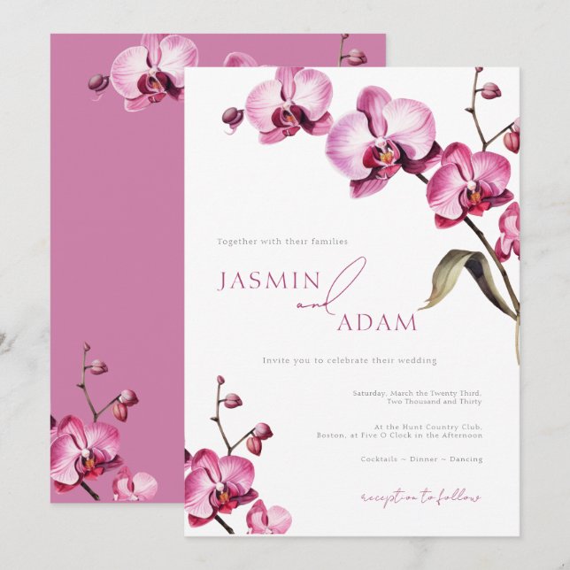 Invitation Mariage Élégant aux Orchidées Roses (Devant / Derrière)