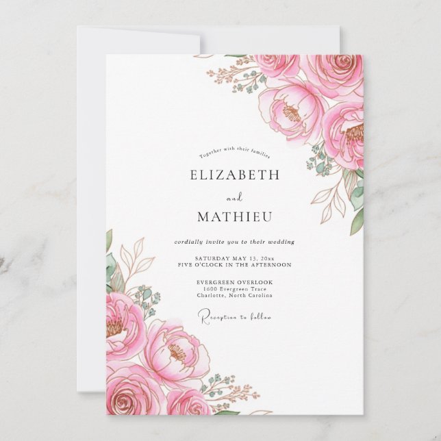 Invitation Mariage Élégant aux Pivoines Rose (Devant)