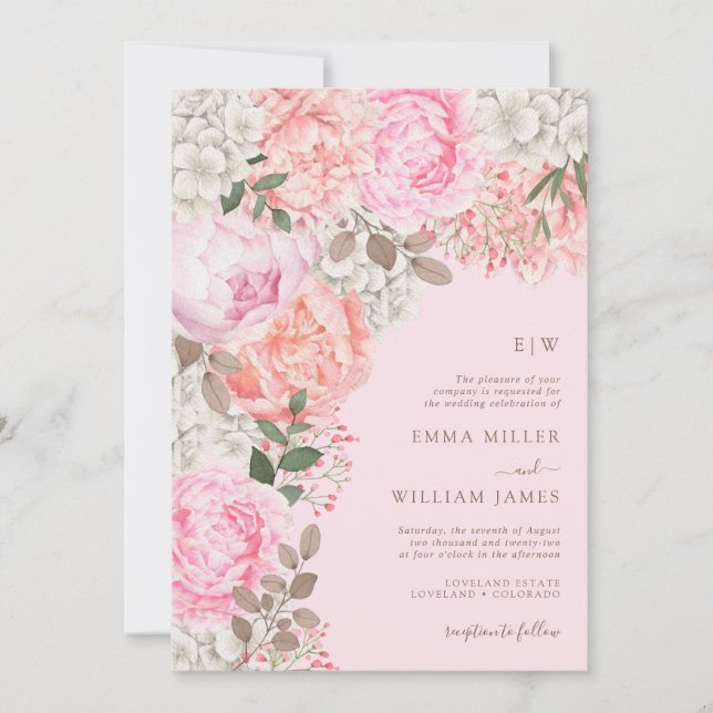 Invitation Mariage Élégant aux Pivoines Roses (Devant)