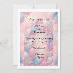 Invitation Mariage Élégant aux plumes roses et bleues avec pe