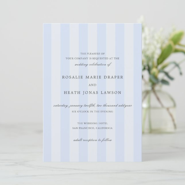 Invitation Mariage élégant aux rayures bleues modernes (Debout devant)