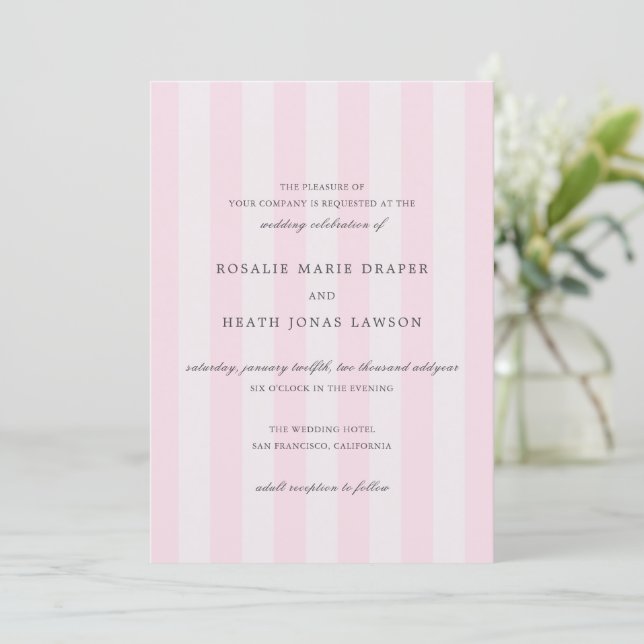 Invitation Mariage élégant aux rayures roses modernes (Debout devant)