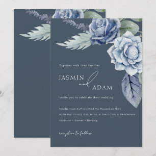 Invitation Mariage Élégant aux Roses Bleu Ardoise