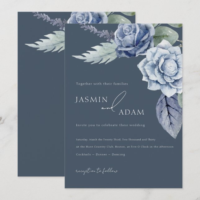 Invitation Mariage Élégant aux Roses Bleu Ardoise (Devant / Derrière)