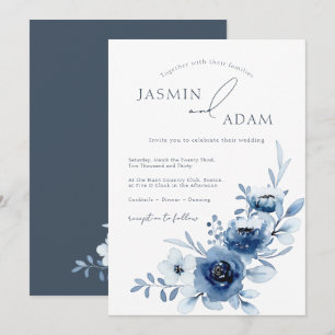 Invitation Mariage Élégant aux Roses Bleues Monogramme