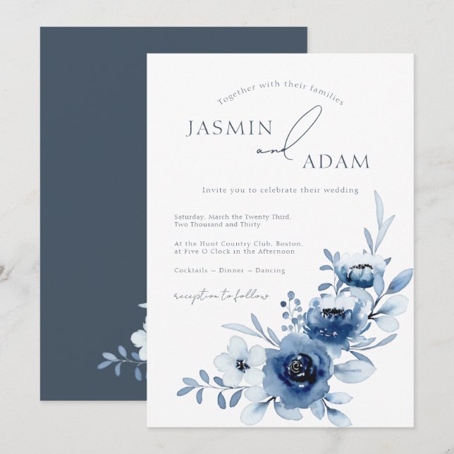 Invitation Mariage Élégant aux Roses Bleues Monogramme (Devant / Derrière)