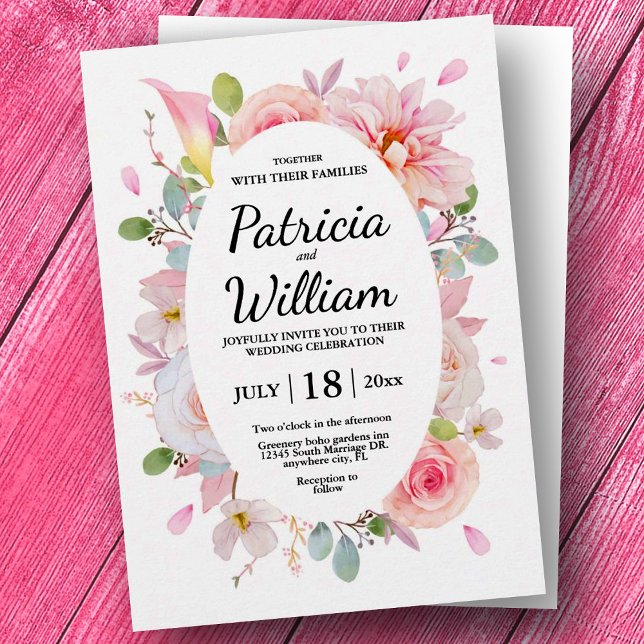 Invitation Mariage Élégant aux Roses Fleurs Roses (Elegant Floral Pink Roses Wedding Invitation, Save the Date Invitation, Custom Wedding)