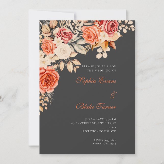 Invitation Mariage Élégant aux Roses Orange et Blanches sur F (Devant)