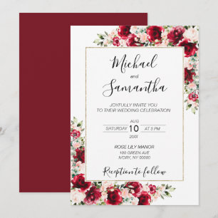 Invitation Mariage Élégant aux Roses Rouges et Roses Pâles