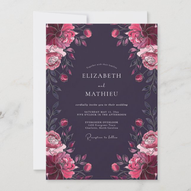 Invitation Mariage Élégant aux Tons de Prune et Magenta (Devant)