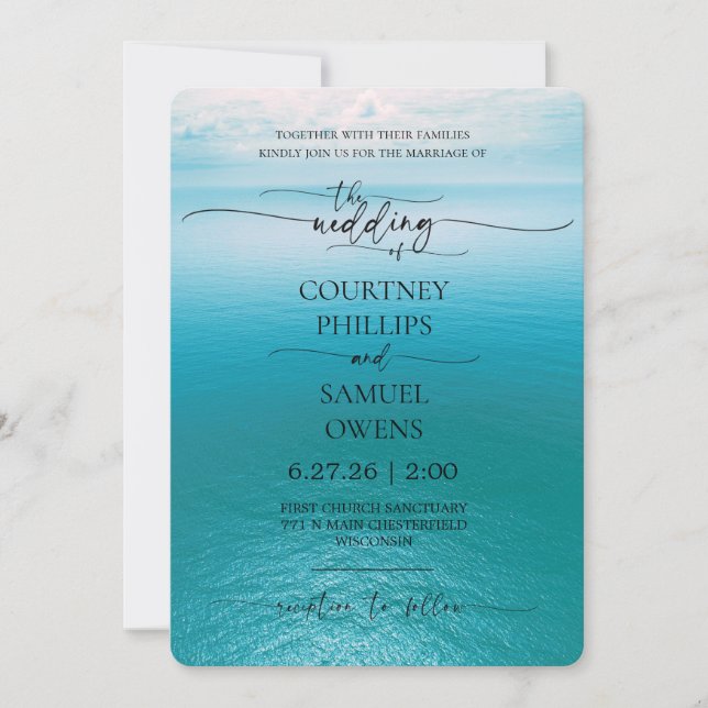 Invitation Mariage Élégant aux Vagues de l'Océan (Devant)