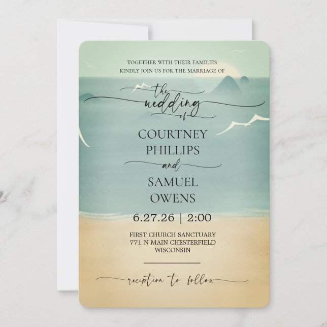 Invitation Mariage Élégant aux Vagues Océaniques (Devant)