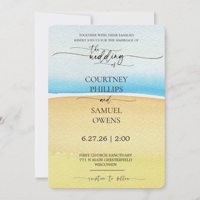 Invitation Mariage Élégant aux Vagues Océaniques (Devant)