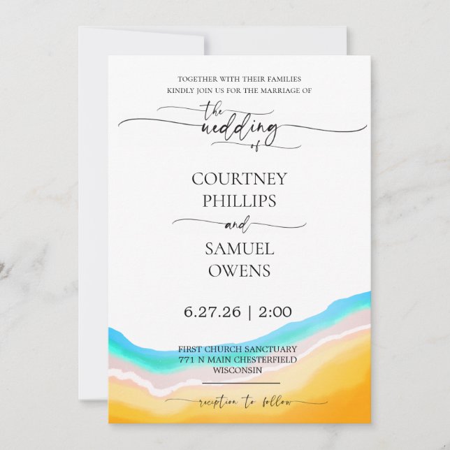 Invitation Mariage Élégant aux Vagues Océaniques (Devant)