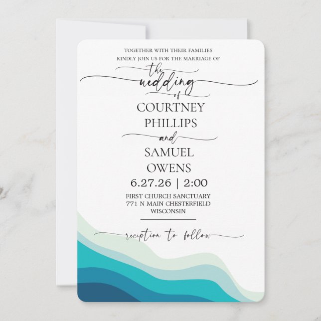 Invitation Mariage Élégant aux Vagues Océaniques (Devant)