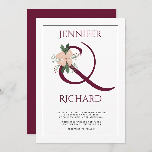 Invitation Mariage élégant avec ampersand bordeaux et fleurs  (Devant / Derrière)