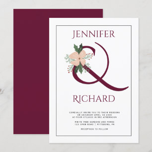 Invitation Mariage élégant avec ampersand bordeaux et fleurs 