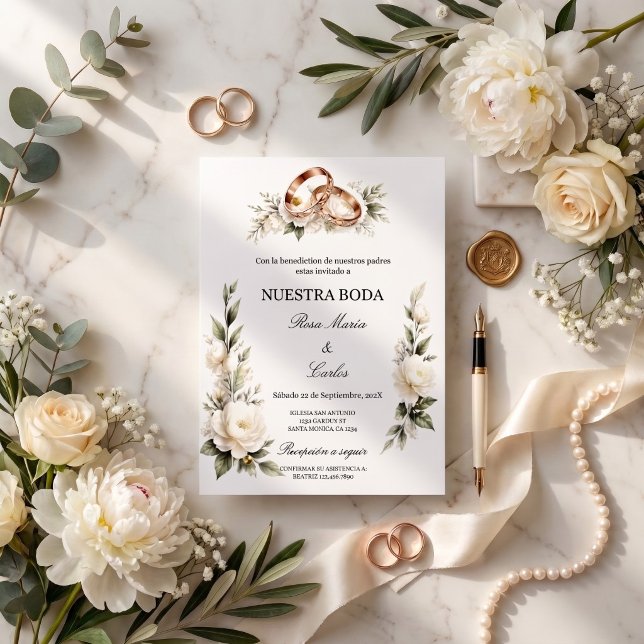 Invitation Mariage Élégant avec Anneaux Dorés et Fleurs Blanc (Créateur téléchargé)