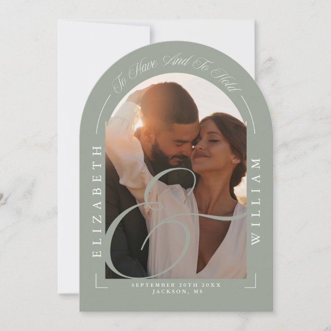 Invitation Mariage Élégant avec Arche de Photos en Vert Sauge (Devant)
