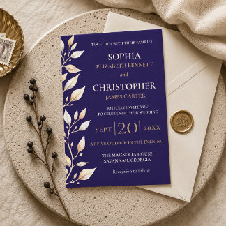Invitation Mariage Élégant avec Bordure Botanique Navy