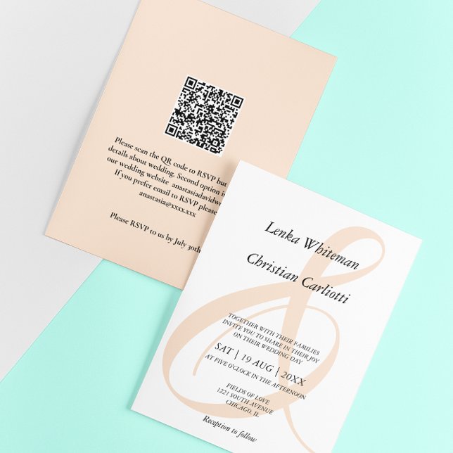 Invitation Mariage élégant avec code QR Ampersand pêche douce (Créateur téléchargé)