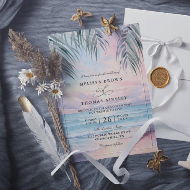 Invitation Mariage élégant avec code QR aquarelle sur la plag (Créateur téléchargé)