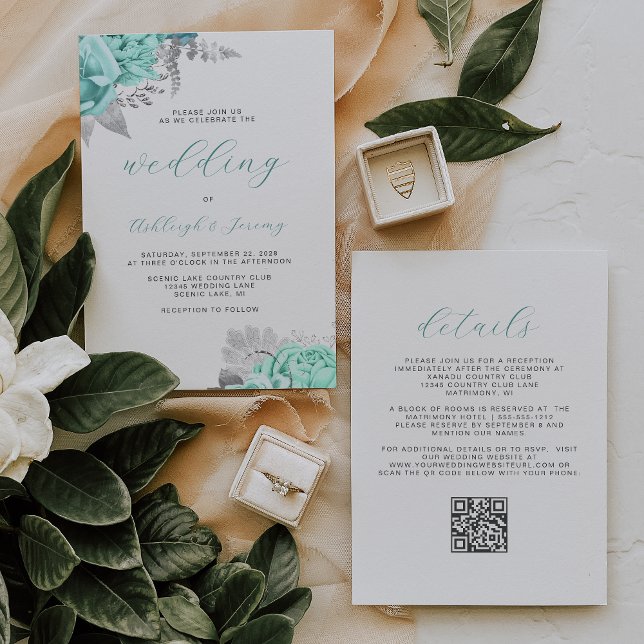 Invitation Mariage élégant avec code QR argent et floral aqua (Créateur téléchargé)