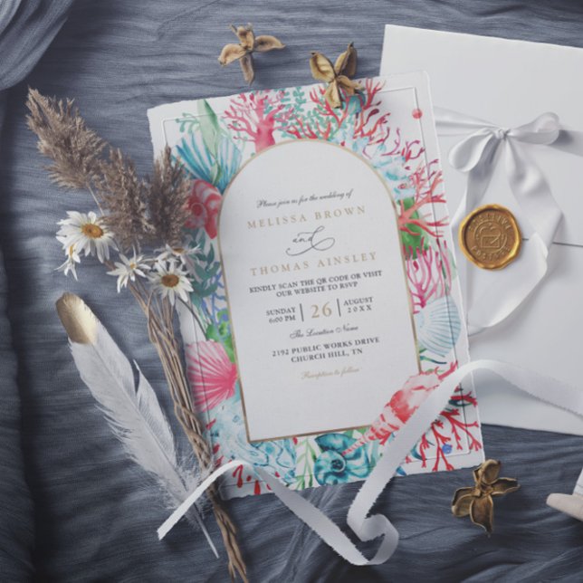 Invitation Mariage élégant avec code QR de la vie marine sarc (Créateur téléchargé)