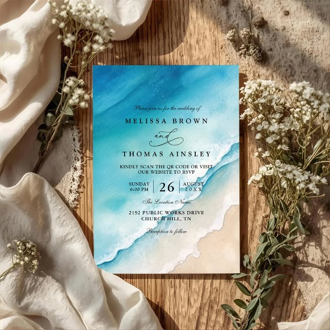Invitation Mariage élégant avec code QR de plage d'océan bleu (Créateur téléchargé)