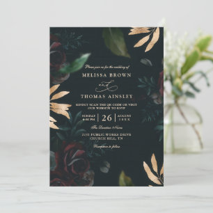 Invitation Mariage élégant avec code QR de rose burgundy velo