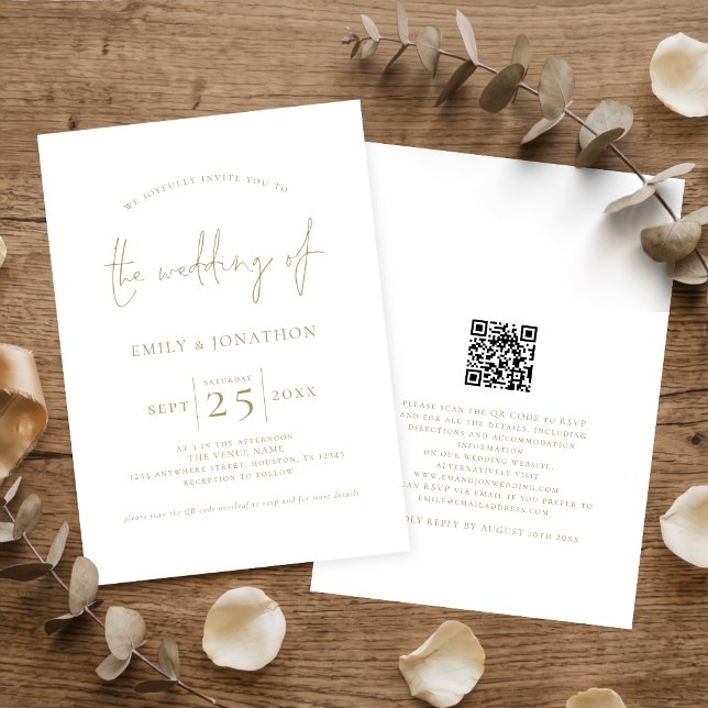 Invitation Mariage élégant avec code QR en écriture dorée (Créateur téléchargé)